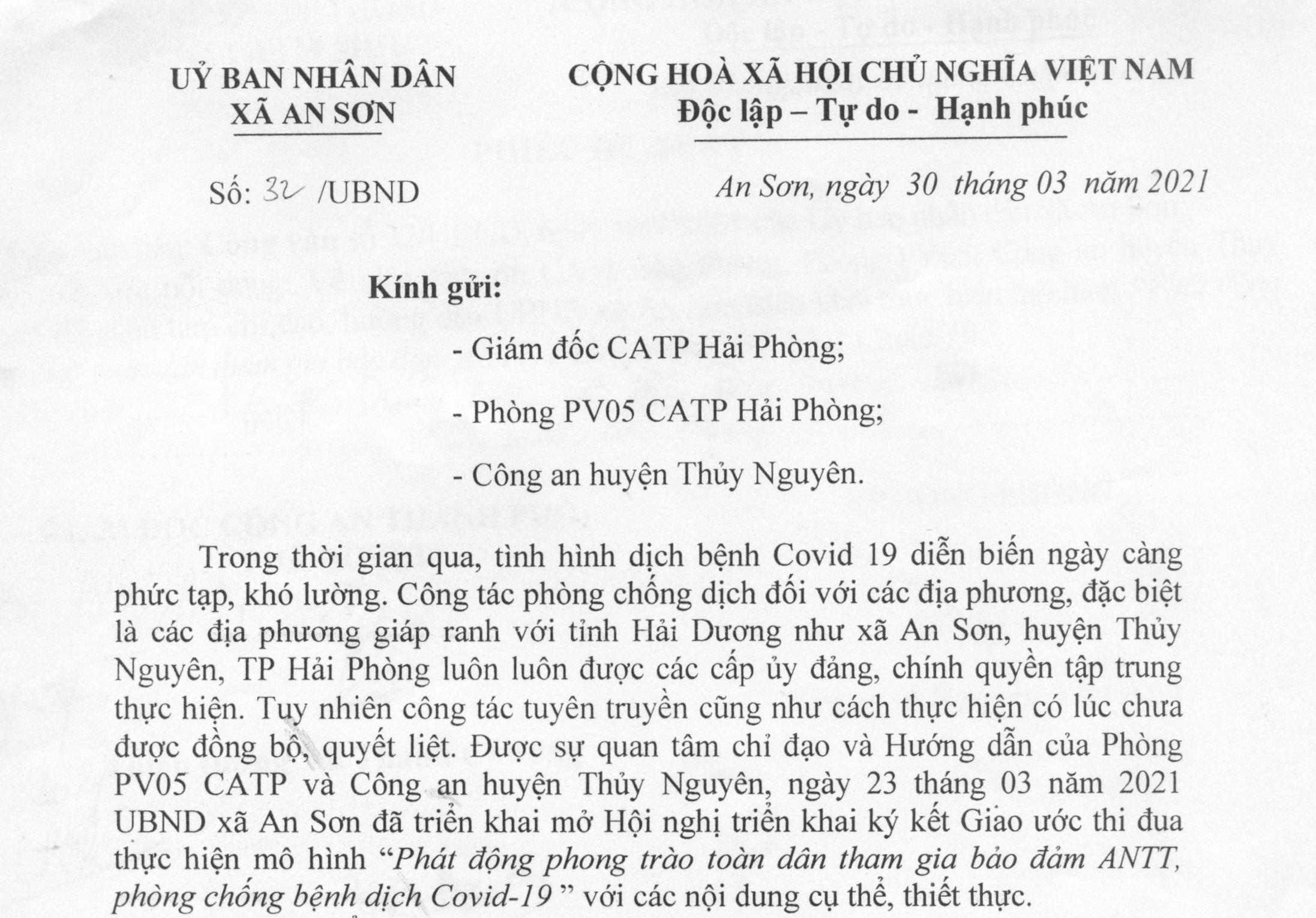 UBND xã An Sơn gửi thư cảm ơn về việc triển khai mô hình “Phát động phong trào toàn dân tham gia bảo đảm ANTT, phòng chống bệnh dịch Covid-19 ” 